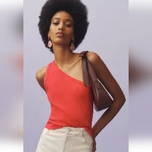 The Zeda Coral Ribbed One-Shoulder Top by Pilcro